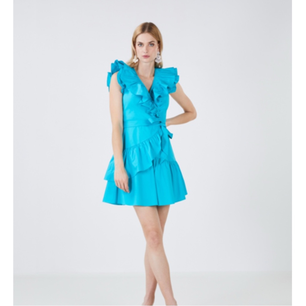 BCBGMAXAZRIA Ruffled Cotton Stretch Wrap Mini Dress in Teal Size 6